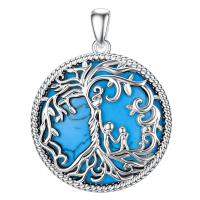 wholesale 925 Sterling Silver Family Tree Pendant Necklace Wholesale With Blue Enamel Detailing-Turquoise-2 Children Without Chain