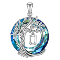 wholesale 925 Sterling Silver Blue Crystal Tree of Life Initial Necklace Family Letter Pendant Birthday Mother s Day Gifts for Her-Tree of Life U Initial Without Chain