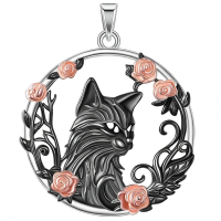 wholesale 925 Sterling Silver Wolf Rose Pendant Necklace-A-Black Cat Without Chain