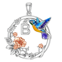 wholesale 925 Sterling Silver Hummingbird & Flower Pendant Necklaces for Women Girls Gifts Alphabet Initial Letter P Charm Chain Jewelry Set Blue Purple Yellow Gold Tone Enamel Colorful Artistic Design-B Without Chain