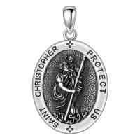 wholesale 925 Sterling Silver Oxidized Saint Christopher Protect Us Oval Medal Pendant Necklace-B-St Christopher Necklace B Without Chain
