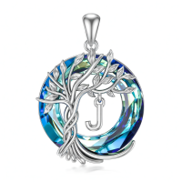 wholesale 925 Sterling Silver Blue Crystal Tree of Life Initial Necklace Family Letter Pendant Birthday Mother s Day Gifts for Her-Tree of Life J Initial Without Chain