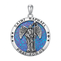 wholesale 925 Sterling Silver Blue Opal Saint Raphael Angel Prayer Medal Pendant Necklace -Saint Raphael Without Chain