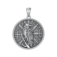 wholesale 925 Sterling Silver Raven Bird Round Medallion Pendant Necklace with Chain for Women and Men Gifts-Raven Without Chain