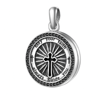 wholesale 925 Sterling Silver Round Compass Locket Necklace with Black Enamel and Inscription May Your Faith Always Guide You - Catholic Religious  for Women & Men-D-Confirmation Gifts-D-Locket Without Chain