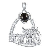 wholesale 925 Sterling Silver Black Pearl Highland Cow Necklace Heart-shaped Pendant-Cow Heart-Mom&2Child-I love you 100 languages Without Chain