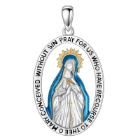wholesale 925 Sterling Silver Oval Enamel Virgin Mary Medal Pendant Necklace with Pray for Us Inscription - Christian -Virgin Mary Without Chain