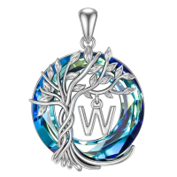 wholesale 925 Sterling Silver Blue Crystal Tree of Life Initial Necklace Family Letter Pendant Birthday Mother s Day Gifts for Her-Tree of Life W Initial Without Chain