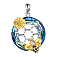 wholesale 925 Sterling Silver Blue Bee Honeycomb Pendant Necklace-Bee necklace crystal Without Chain