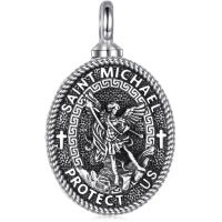 wholesale 925 Sterling Silver St Michael's Archangel Protectus Medal Necklace for Men Women Protection s 3D Engraved Guardian Angel Charm Pendants with Crosses and Greek Key Design Chain (Silver)-St Michael Urn Without Chain