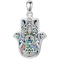 wholesale 925 Sterling Silver Abalone Shell Evil Eye Hamsa Hand Pendant Necklace with Multi-Colored CZ Stones and Lotus Design-Style1 Without Chain