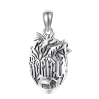 wholesale 925 Sterling Silver Anatomical Heart Necklace Wholesale With Forest And Cabin Detail-Anatomical Heart Without Chain
