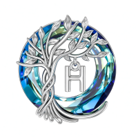 wholesale 925 Sterling Silver Blue Crystal Tree of Life Initial Necklace Family Letter Pendant Birthday Mother s Day Gifts for Her-Tree of Life H Initial Without Chain