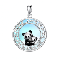 wholesale 925 Sterling Silver Round Moonstone Mother and Baby Panda Pendant Necklace-Style 4 Without Chain