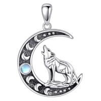 wholesale 925 Sterling Silver Moon Howling Wolf Pendant Necklace with Gemstone s for Women Girls-Wolf Without Chain