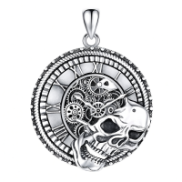wholesale 925 Sterling Silver Skull Gear Clock Pendant Necklace-Clock Skull Without Chain
