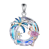 wholesale 925 Sterling Silver Pink Crystal Flamingo & Palm Tree Pendant Necklace-Flamingo-AB Without Chain