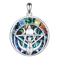 wholesale 925 Sterling Silver Triple Moon Goddess Pentagram Abalone Chakra Pendant Necklace For Women-Triple Moon Goddess Pentacle Necklace Without Chain