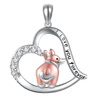 wholesale 925 Sterling Silver Heart-Shaped Kangaroo Necklace with Cubic Zirconia and Engraved Message I Love You Forever for Women Girls (Pink)-Corgi Without Chain