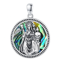 wholesale 925 Sterling Silver Grim Reaper Pendant Necklace Wholesale With Abalone Shell And Skull Design-C1-Santa Muerte Without Chain