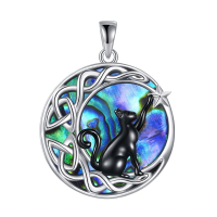 wholesale 925 Sterling Silver Abalone Shell Celtic Moon Black Cat Tree of Life Pendant Necklace for Women-C-Black Cat Abalone Necklace Without Chain