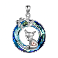 wholesale 925 Sterling Silver Fox Pendant Necklace with Blue Volcano Crystal for Women Girls Mom Wife-blue Without Chain