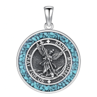 wholesale 925 Sterling Silver Saint Michael Angel Pendant Necklace Wholesale With Blue Turquoise Border And Cross Chain For Women And Men-B01-Saint Michael(Turquoise Gravel) Without Chain
