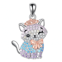 wholesale 925 Sterling Silver Rose Quartz Crystal Princess Cat Pendant Necklace for Women-C-Cubic Zirconia Kitty Cat Without Chain