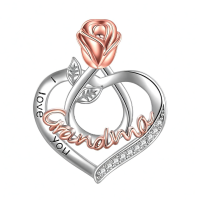 wholesale 925 Sterling Silver I Love You Grandma Necklace with Rose Flower and Heart Pendant for Women-I Love You Grandma Necklace-Rose flower Without Chain