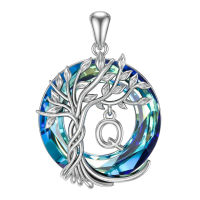 wholesale 925 Sterling Silver Blue Crystal Tree of Life Initial Necklace Family Letter Pendant Birthday Mother s Day Gifts for Her-Tree of Life Q Initial Without Chain