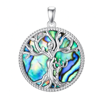 wholesale 925 Sterling Silver Family Tree Pendant Necklace Wholesale With Blue Enamel Detailing-Abalone Shell-1 Children Without Chain