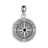 wholesale 925 Sterling Silver Compass Rose Locket Necklace with Black Stone and Picture Frame Charm for Men & Women-Compass Without Chain