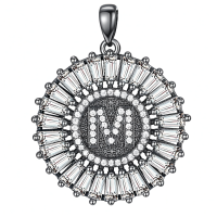 wholesale 925 Sterling Silver Round CZ Initial Pendant Necklaces for Men & Women-Letter M Without Chain