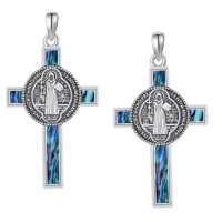 wholesale 925 Sterling Silver Abalone Shell Cross Pendant Necklace with Rose Crucifix and Saint Benedict Design-St Benedict Cross Without Chain