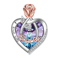 wholesale 925 Sterling Silver Rose Heart Pendant Necklace for Women - I Love You Sister -I Love You Sister with Purple Heart Crystal-Rose Flower Without Chain
