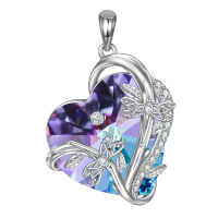 wholesale 925 Sterling Silver Heart Pendant With Purple Crystal-B-Dragonfly Without Chain