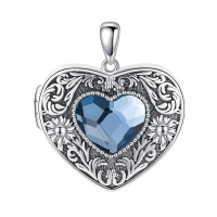 wholesale 925 Sterling Silver Heart Photo Locket Necklace With Blue Stone-Locket Without Chain