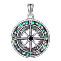 wholesale 925 Sterling Silver Round Compass Abalone Shell Pendant Necklaces Wholesale for Women Men s 45cm Chain Length-Compass-2 Without Chain