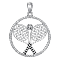 wholesale 925 Sterling Silver Crossed Tennis Racket Ball Rope Circle Pendant Necklace Platinum Plated-Tennis Without Chain
