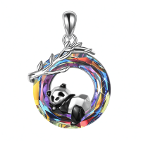 wholesale 925 Sterling Silver Rainbow Crystal Panda on the Moon Pendant Necklace-colorful crystal Without Chain