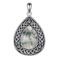 wholesale 925 Sterling Silver Oval Shape Green Moss Agate and White Moonstone with Black Lapis Lazuli Celtic Knot Teardrop Pendant Necklace-Moss agate necklace Without Chain