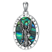 wholesale 925 Sterling Silver Saint Michael Oval Pendant Necklace Wholesale With Abalone Shell And Engraved Cross Design For Men Women-Saint Michael Without Chain