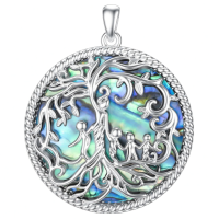wholesale 925 Sterling Silver Family Tree Pendant Necklace Wholesale With Blue Enamel Detailing-Abalone Shell-4 Children Without Chain