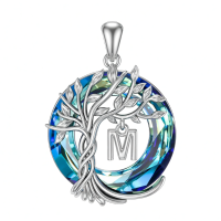 wholesale 925 Sterling Silver Blue Crystal Tree of Life Initial Necklace Family Letter Pendant Birthday Mother s Day Gifts for Her-Tree of Life M Initial Without Chain