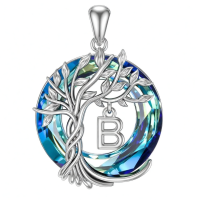 wholesale 925 Sterling Silver Blue Crystal Tree of Life Initial Necklace Family Letter Pendant Birthday Mother s Day Gifts for Her-Tree of Life B Initial Without Chain