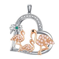 wholesale 925 Sterling Silver Flamingo Family Heart Pendant Necklace with Chain (18+2) - Gifts for Women & Moms on Valentine's Day Mothers' Day Birthdays and Christmas-Three Flamingos Without Chain