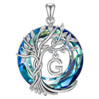 wholesale 925 Sterling Silver Blue Crystal Tree of Life Initial Necklace Family Letter Pendant Birthday Mother s Day Gifts for Her-Tree of Life G Initial Without Chain
