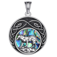 wholesale 925 Sterling Silver Abalone Shell Round Pendant with Wolf Design and Celtic Knotwork Necklace-wolf necklace Without Chain