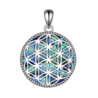wholesale 925 Sterling Silver Round Flower of Life Necklace with Abalone Shell and Turquoise Stone Inlay-Flower of life necklace Without Chain