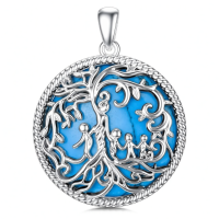 wholesale 925 Sterling Silver Family Tree Pendant Necklace Wholesale With Blue Enamel Detailing-Turquoise-4 Children Without Chain